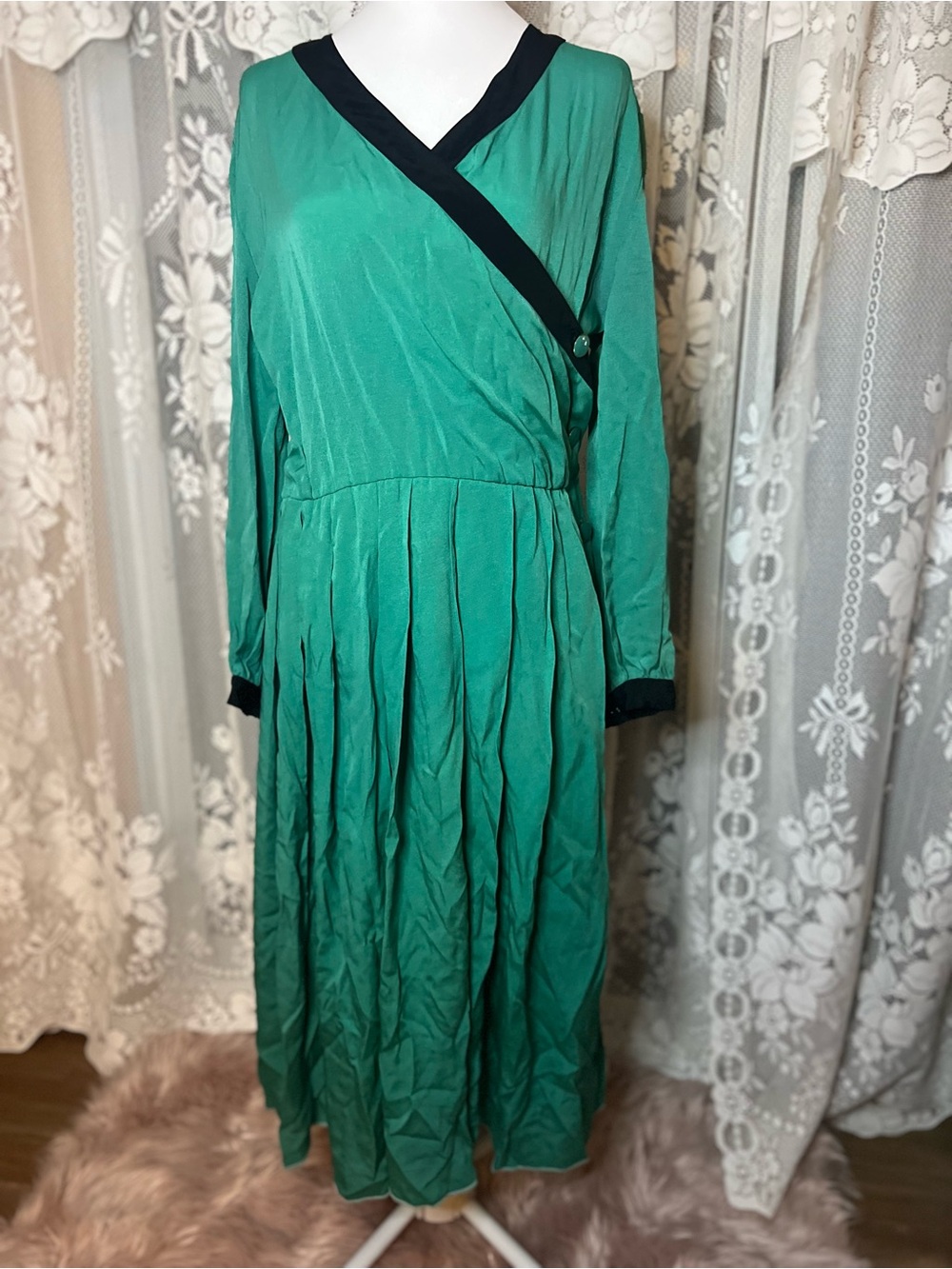 Vintage Made in Canada Albert Nipon Green Wrap-Style Midi Dress with Black Trim